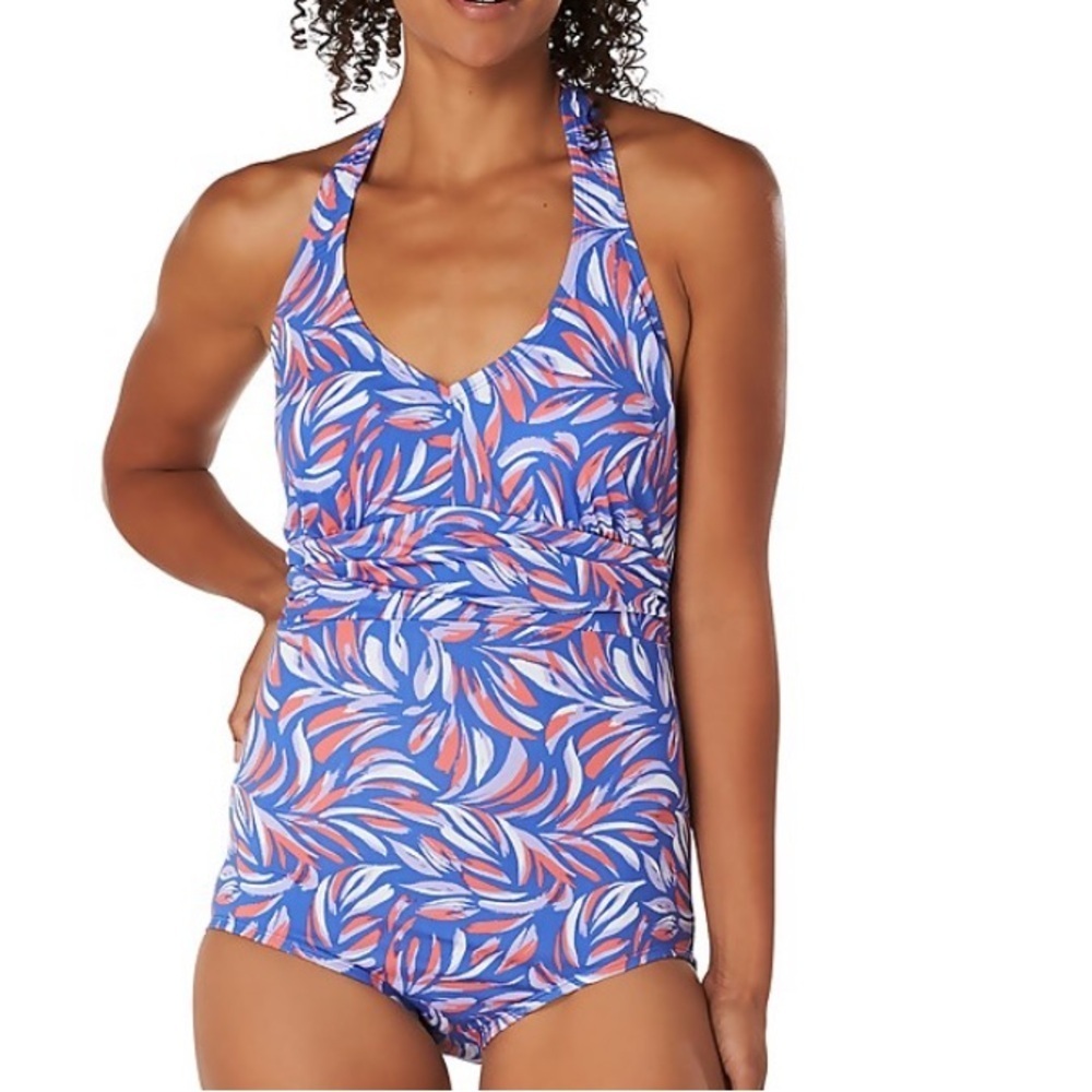 Speedo Dazzling Blue Printed One Piece Halter Top Bathing Suit